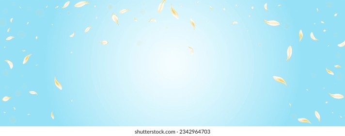 Gold Lotus Flying Vector Panoramic Blue Background. Light Tender Flower Wallpaper. Yellow Blossom Summer Backdrop. Beige Rose Beauty Banner. Spring Sakura Poster.