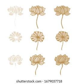 Gold lotus ink flower illustration. Vector Lotus sketch hand drawing. Set Lotus flower botanical drawing. Floral botanical flowers and leaf isolated element. Engraved ink art collection.