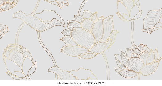 Gold lotus line pattern. Golden design with lotus flower and leaves on white background. Vector wallpaper illustration.