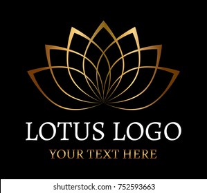 Gold lotus logo symbol on black background vector design