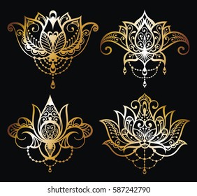 Gold Lotus logo vector art set design.Vector ornamental Lotus flowers