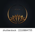 Gold Lotus logo, water lily, Flower of Life. Sacred Geometry. Symbol of Harmony and Balance. Circle Golden Sign of purity. Chakra Yoga design vector isolated on black background