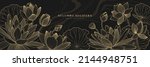 Gold lotus vector background with fluid marble. Luxury design template with line lily and leaves. Nelumbo nucifera flower for banners, invitations, cover and packaging design.