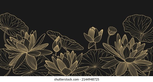 Gold lotus vector background. Luxury design template with line lily and leaves. Nelumbo nucifera flower for banners, invitations, cover and packaging design.