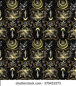Gold lotuses seamless crescent pattern. Golden colors floral vintage ornament. Hand drawn doodle elements Indian style repeatable background. Vector is EPS8.