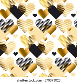 Gold love concept icon repeatable motif for wrapping paper or background. Heart shape modern seamless pattern vector illustration
in geometry style.
