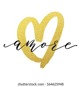 Gold Love heart and Amore in Italian text lettering glitter on white premium Valentine card