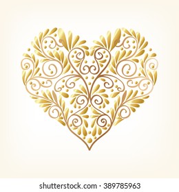 Gold Love Heart on white background. Vector illustration. In art deco style, art nouveau style.