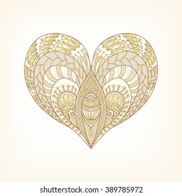 Gold Love Heart on white background. Vector illustration. In art deco style, art nouveau style.