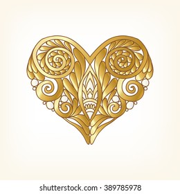 Gold Love Heart on white background. Vector illustration. In art deco style, art nouveau style.