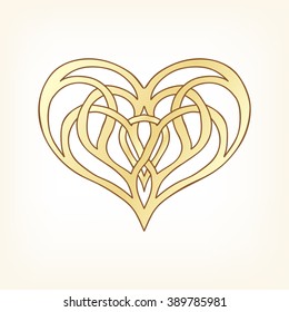 Gold Love Heart on white background. Vector illustration. In art deco style, art nouveau style.