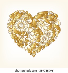 Gold Love Heart on white background. Vector illustration. In art deco style, art nouveau style.