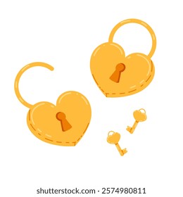 Gold love locks vector illustration. Pair of locks, opened and closed, with keys for Valentine's Day, print, scrapbookong sticker. Heart shape locks for wedding