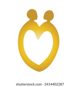 Gold love logo, abstract lovers silhouettes in heart shape isolated on white background.