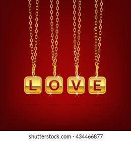 Gold love word pendant with chain  Sort orderly on  red background