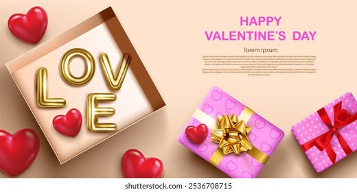 gold love word shiny letters in gift box and hearts decorative happy valentines day and other lovely celebration abstract banner top view vector illustration.