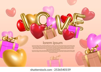 gold love word shiny letters,gift boxes and hearts flying decorative modern abstract happy valentine's day and other lovely concept celebration  background and banner vector illustration.
