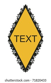 Gold lozenge button or sign with a black decorative lacey border