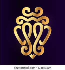 Gold Luckenbooth brooch vector design element. Vintage Scottish two heart shape symbol logo concept. Valentine day or wedding illustration on purple background.
