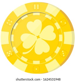 Gold lucky casino pocker chip with clover icon isolated on white background. Single vip roulette chip sign for web, app design. Poker token template. Vector flat design cartoon style illustration. 