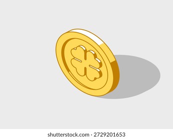 Ilustración vectorial isométrica de la moneda de la suerte del oro con la sombra