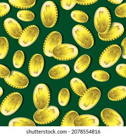 Gold lucky coins with clover seamless pattern on green background. St Patrick's day vector invitation.