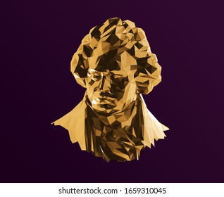 Gold Ludwig van Beethoven auf violettem Hintergrund. Shiny Metallic Golden Low Poly Vektorillustration 3D Rendering