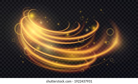 Gold luminous abstract light effect vector illustration. Luxury dynamic sparkles and motion lines decoration elements in golden shiny color, neon bright energy trails on transparent black background