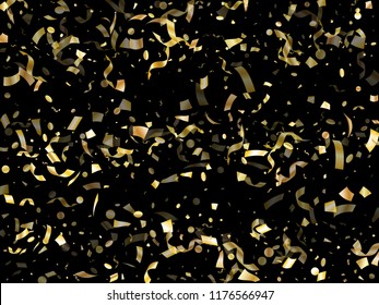 Gold luminous confetti flying on black holiday vector graphic design. Chic flying tinsel elements, gold foil gradient serpentine streamers confetti falling new year vector.