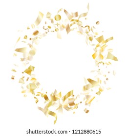 Gold luminous confetti flying on white holiday vector design. Luxurious flying sparkle elements, gold foil gradient serpentine streamers confetti falling carnival vector.