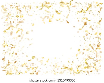 Gold luminous confetti flying on white holiday card background. Chic flying tinsel elements, gold foil gradient serpentine streamers confetti falling birthday background.