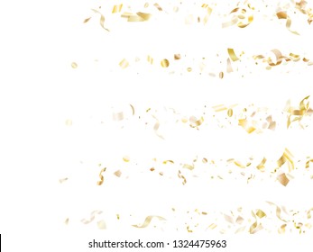 Gold luminous confetti flying on white holiday card background. Creative flying sparkle elements, gold foil gradient serpentine streamers confetti falling anniversary vector.
