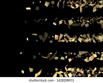 Gold luminous confetti flying on black holiday vector graphics. Trendy flying tinsel elements, gold foil texture serpentine streamers confetti falling birthday vector.