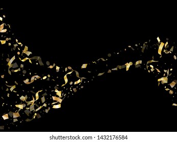 Gold luminous confetti flying on black holiday vector design. Chic flying tinsel elements, gold foil texture serpentine streamers confetti falling anniversary background.
