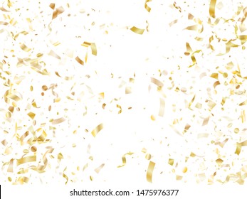 Gold luminous confetti flying on white holiday vector graphic design. VIP flying sparkle elements, gold foil texture serpentine streamers confetti falling new year vector.