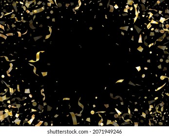 Goldene helle Konfetti fliegen auf schwarzem Feiertag Vektordesign. Moderne fliegende Tinkel-Elemente, goldene Folie-Serpentinenstreuer konfetti fallender Weihnachtshintergrund.