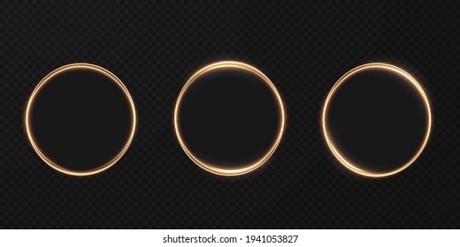 Gold luminous frame. Festive template for text. Gold border for festive texts. Set is a light frame of different shapes. PNG.