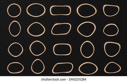 Kollektion von lichtgeometrischen Rahmen. Set mit festlichen goldenen Rahmen. Leuchtende Neonwirkung auf die Rahmen.