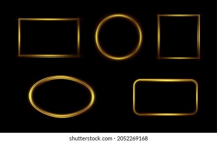Gold luminous frame. Festive template for text. Gold border for festive texts. Set is a light frame of different shapes. PNG. Vector illustration.