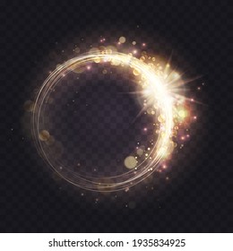 Gold Luminous Spark Ring, Abstract Light Frame Effect Vector Illustration. Magic Glowing Round Swirl Lines With Sparkling Glitter Particles, Yellow Flare Lens Shimmer On Transparent Dark Background