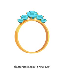 Gold luxurious ring with bright turquoise shiny brilliants of different size isolated vector illustration on white background.