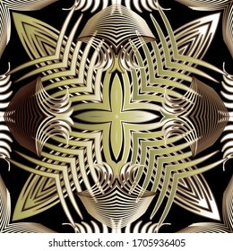 Gold luxury 3d abstract vector seamless pattern. Ornamental radial shapes background. Fractal line art tracery surface ornament. Textured geometric repeat backdrop. Modern striped floral 3d design.