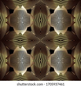 Gold luxury 3d abstract vector seamless pattern. Ornamental radial shapes background. Fractal line art tracery surface ornament. Textured geometric repeat backdrop. Modern striped floral 3d design.