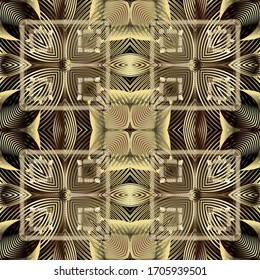 Gold luxury 3d abstract vector seamless pattern. Ornamental radial shapes background. Fractal line art tracery surface ornament. Textured geometric repeat backdrop. Modern striped floral design.