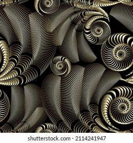 Gold luxury 3d fractals seamless pattern. Ornamental flowing swirl shapes background. Spiral and fractals surface tangle 3d ornament. Textured geometric repeat backdrop. Modern striped spirals design.