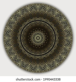 Gold luxury 3d line art mandala pattern. Vector ornamental modern background. Repeat Deco backdrop. Rosette. Beautiful surface ethnic round ornament with flowers, frame, lines, circles. Rosette. 