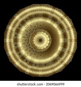 Gold luxury 3d lines mandala pattern. Ornamental floral shiny background. Arabesque backdrop. Celtic gothic style golden Deco ornament. Beautiful patterned line art round design. Gold 3d rosette.