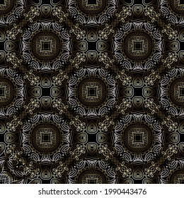 Gold luxury 3d lines seamless pattern. Vector ornamental lacy background. Repeat ornate surface backdrop. Beautiful line art floral golden ornament with mandalas, lace flowers, leaves, lines, circles.