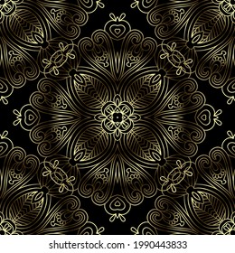 Gold luxury 3d lines seamless pattern. Vector ornamental lacy background. Repeat ornate surface backdrop. Beautiful line art floral golden ornaments with mandalas, lace flowers, leaves, lines, shapes.