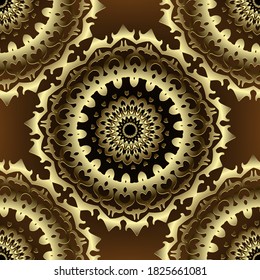 Gold luxury 3d seamless pattern. Floral ornamental mandalas background. Repeat vector arabic backdrop. Royal ornament with vintage golden flowers, leaves, circles. Surface texture. Ornate design.